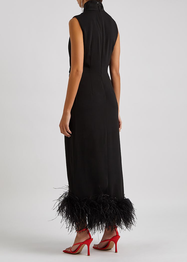 Maika black feather-trimmed midi dress: additional image