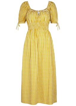 Flora yellow checked cotton midi dress: image 1