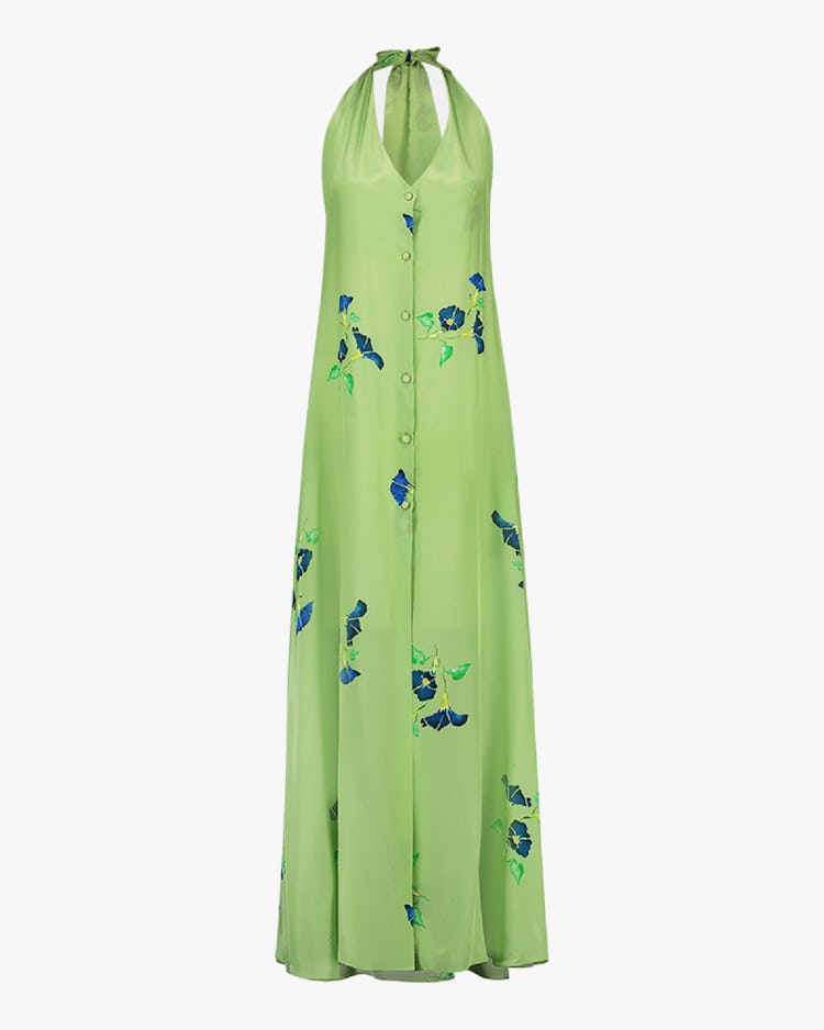 Mala Chetty's bright green button-front halter neck dress with floral designs.