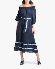Sachin and Babi's Reese Off-Shoulder Dress with a tie-dye belt and hem. 