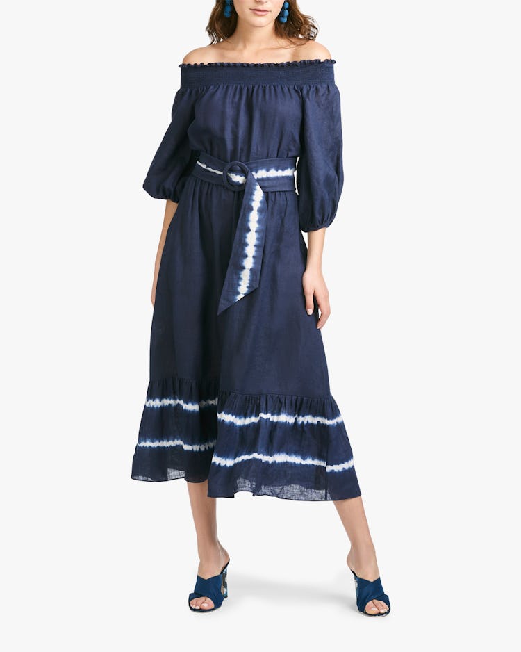 Sachin and Babi's Reese Off-Shoulder Dress with a tie-dye belt and hem.
