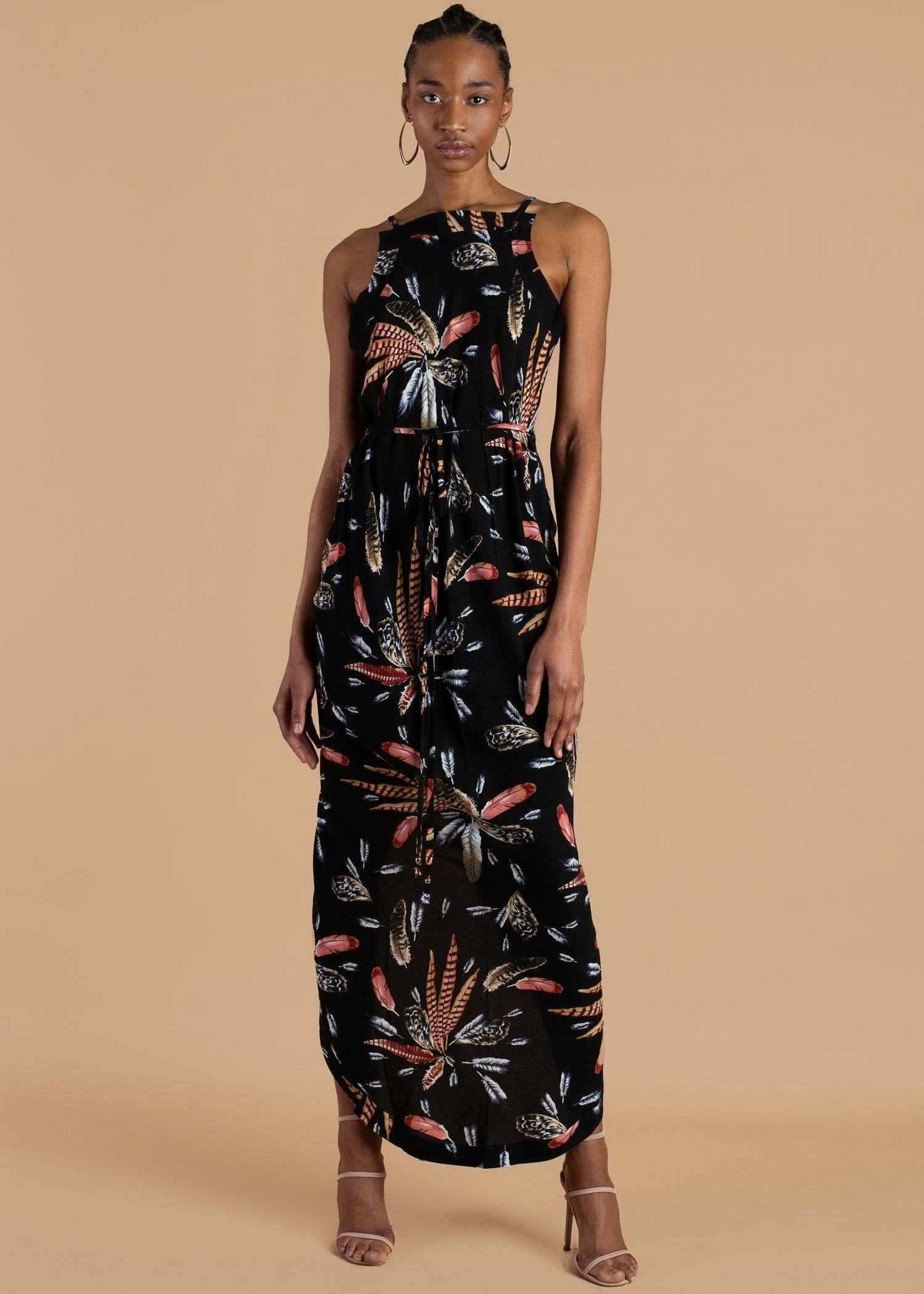 W35T's black feather-printed wrap dress. 