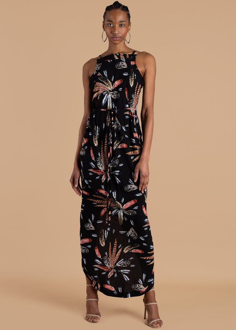 W35T's black feather-printed wrap dress.