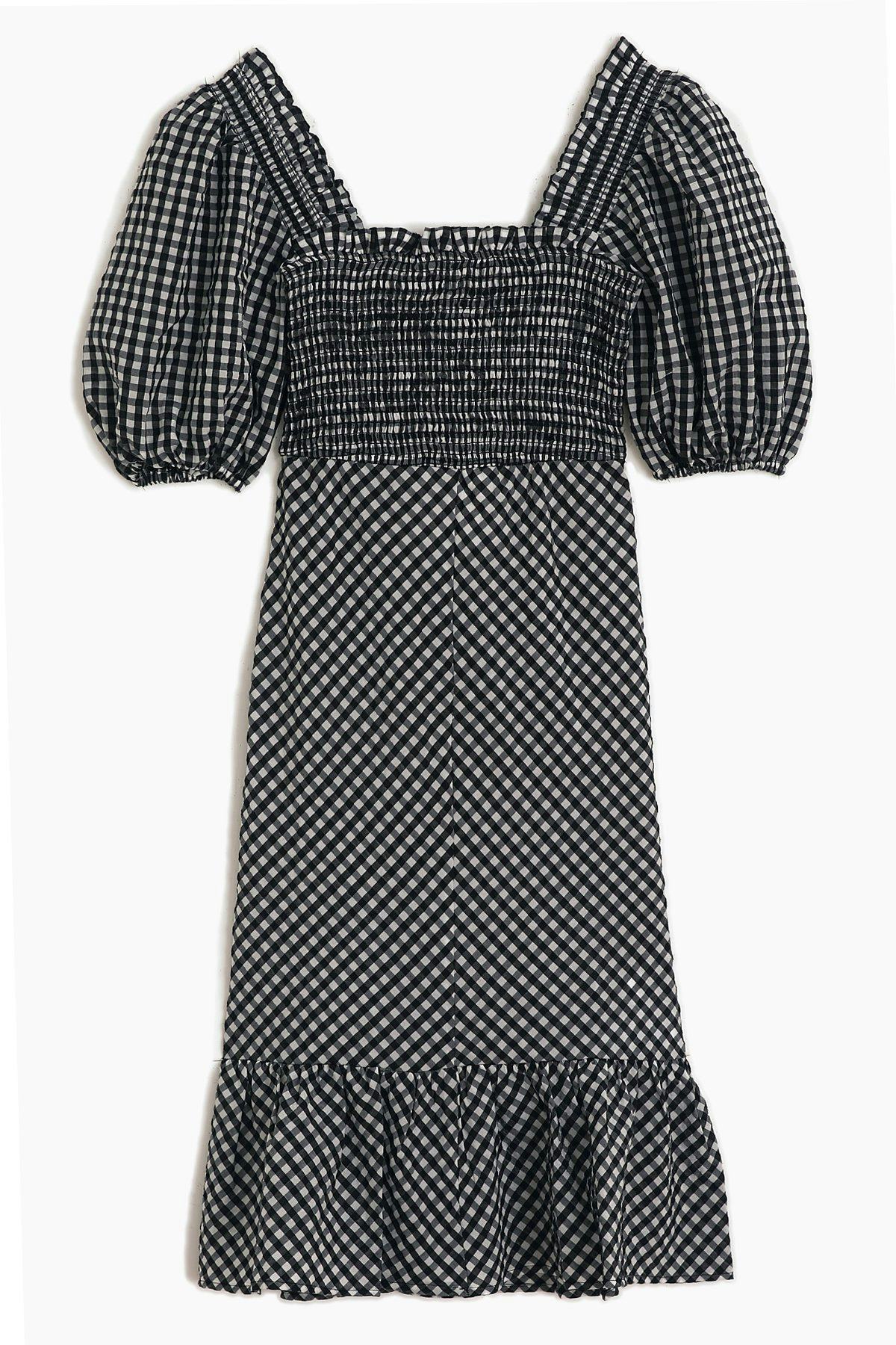 Seersucker Check Smocked Dress in Black: image 1