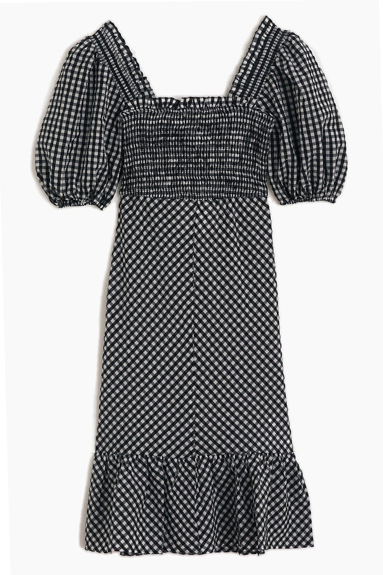 Seersucker Check Smocked Dress in Black: image 1