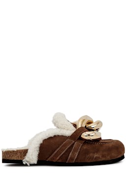 Brown shearling-trimmed suede mules: image 1