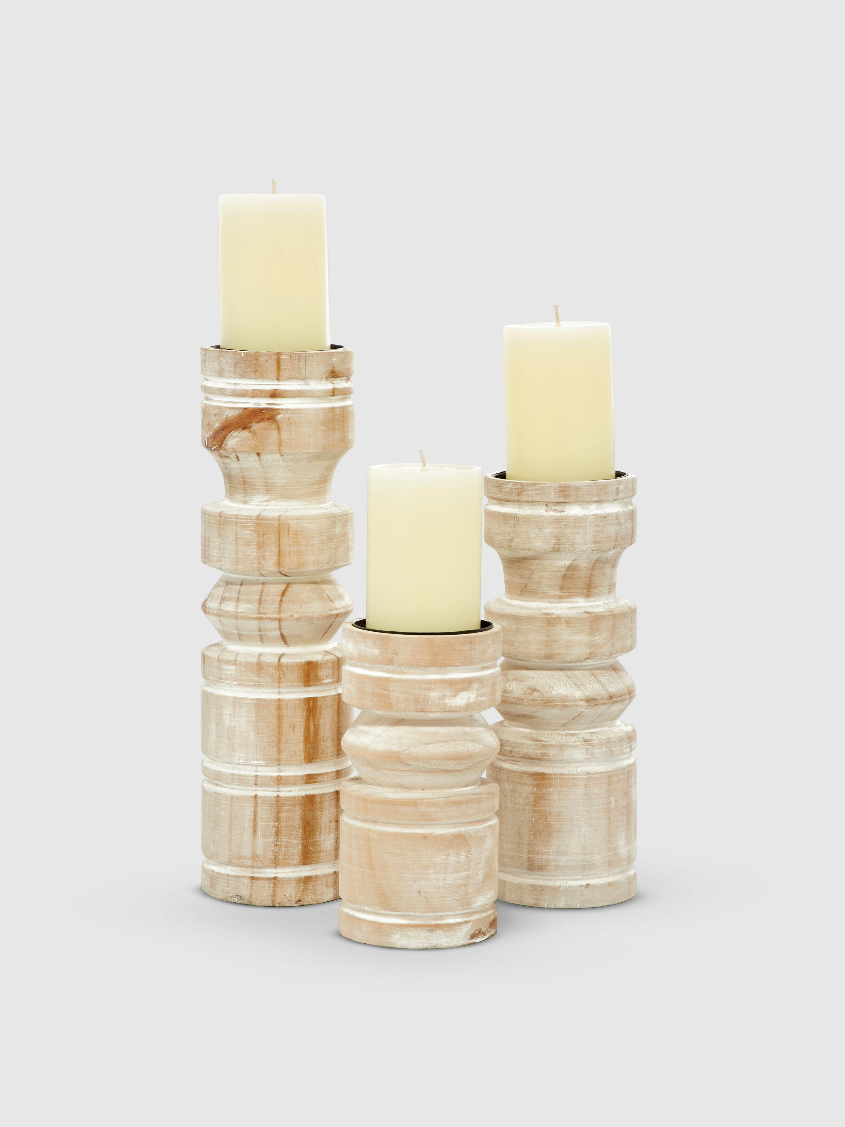 Carved Wooden Pillar Candle Holders - Set Of 3: image 1