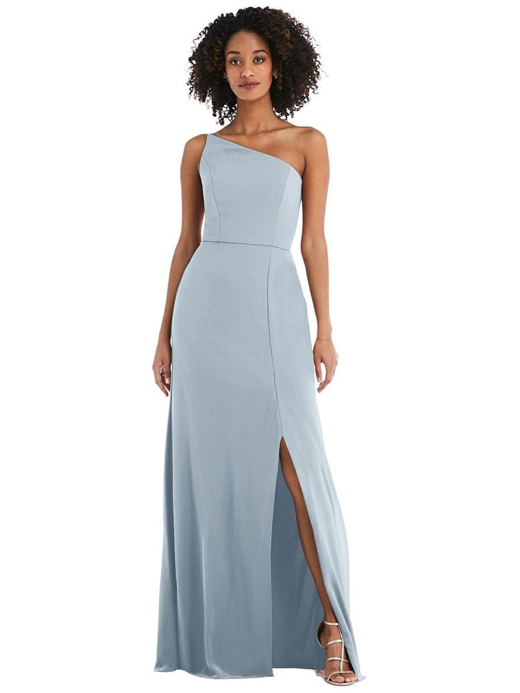 Skinny One-Shoulder Trumpet Gown with Front Slit: additional image