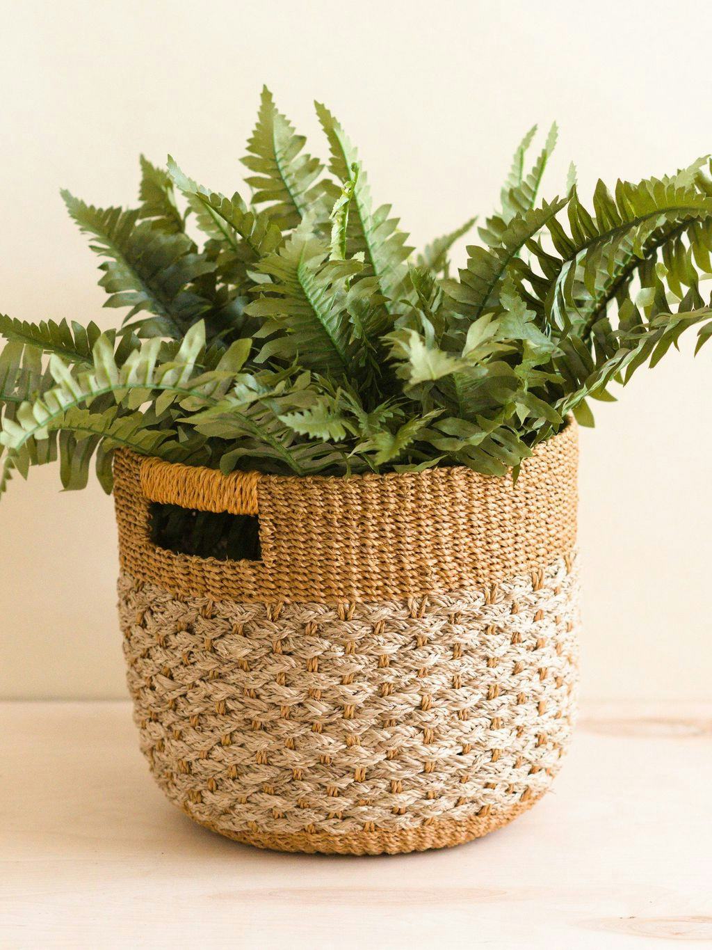 Golden Brown Patterned Round Floor Basket - Storage Bins: image 1