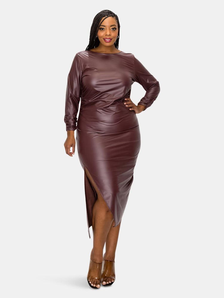 Faux Leather Ruched Sleeves Midi Dress: additional image