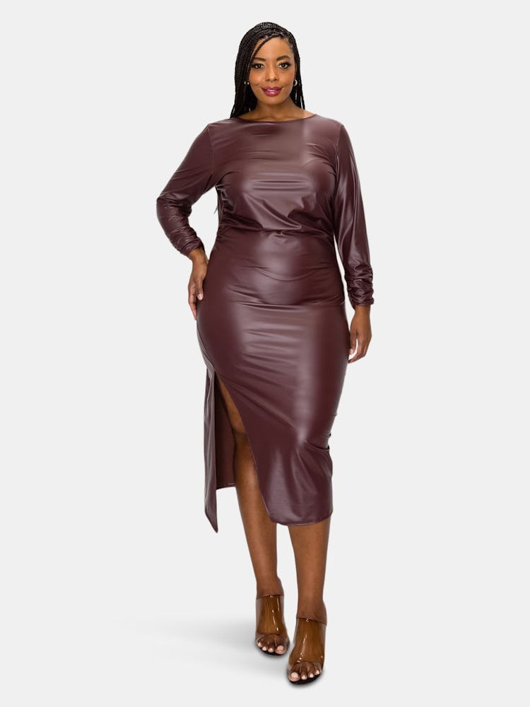 Faux Leather Ruched Sleeves Midi Dress: additional image