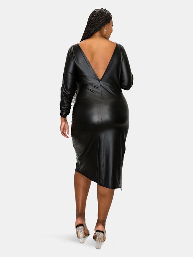 Faux Leather Ruched Sleeves Midi Dress: additional image