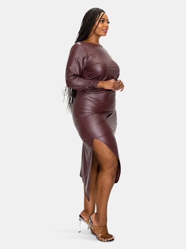 Faux Leather Ruched Sleeves Midi Dress: additional image