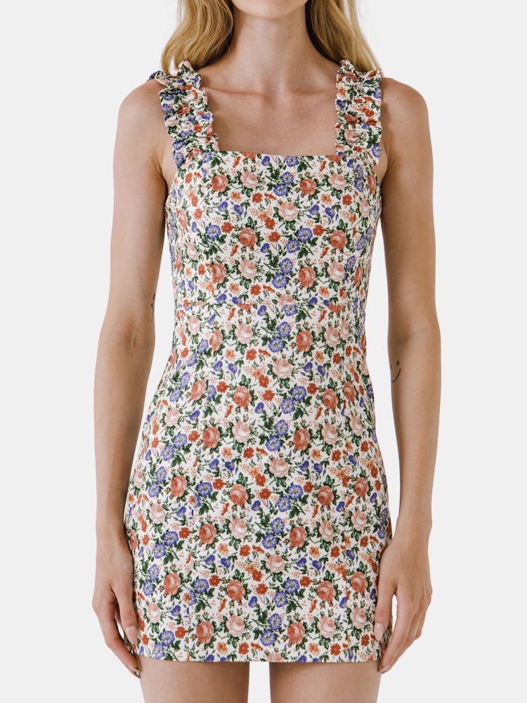 Multi Floral Mini Dress with Ruffled Straps: image 1