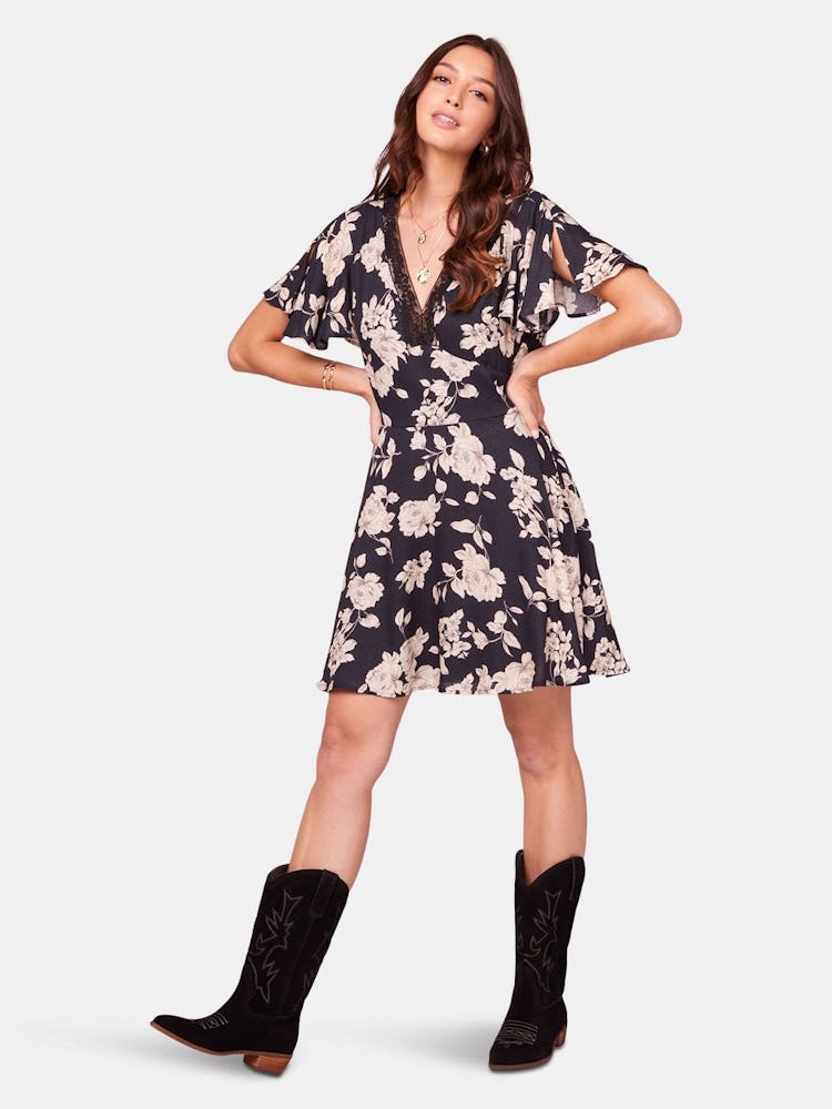 Agave Black and Ivory Flutter Sleeve Mini Dress: image 1