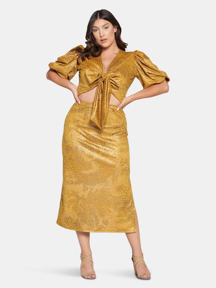 Cheetah Foil Wrap Top and Midi Skirt Set: image 1