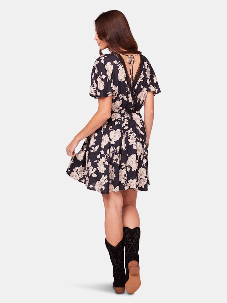 Agave Black and Ivory Flutter Sleeve Mini Dress: additional image