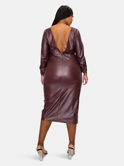 Faux Leather Ruched Sleeves Midi Dress: additional image