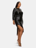 Faux Leather Ruched Sleeves Midi Dress: additional image