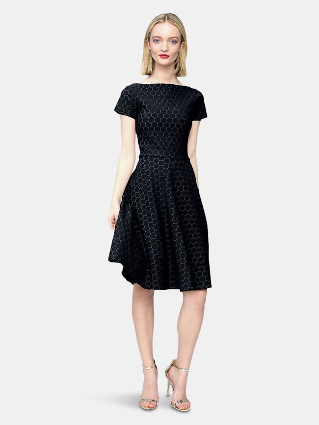 Cap Sleeve Circle A-Line Dress in Black Luxe Jacquard: image 1
