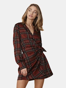 Plaid-polkadot Mini Wrap Dress in Brick: image 1