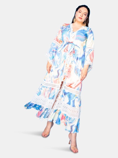 Long Print Dress with Lace Insert: image 1