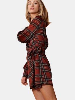 Plaid-polkadot Mini Wrap Dress in Brick: additional image