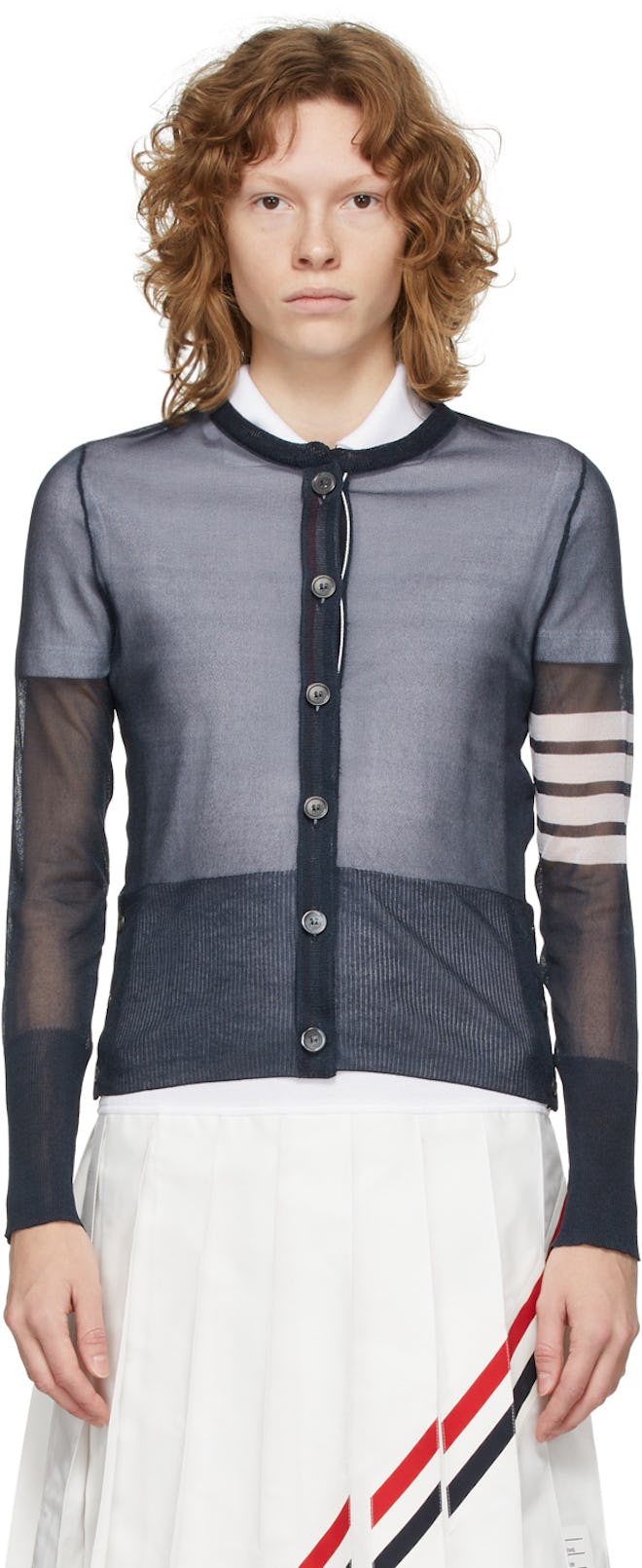 Navy Silk Sheer 4-Bar Cardigan: image 1