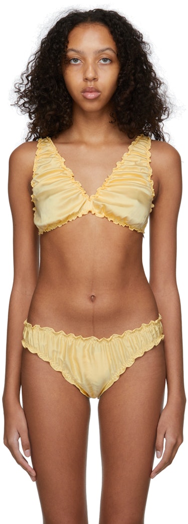 SSENSE Exclusive Yellow Silk Ruched Bra: image 1