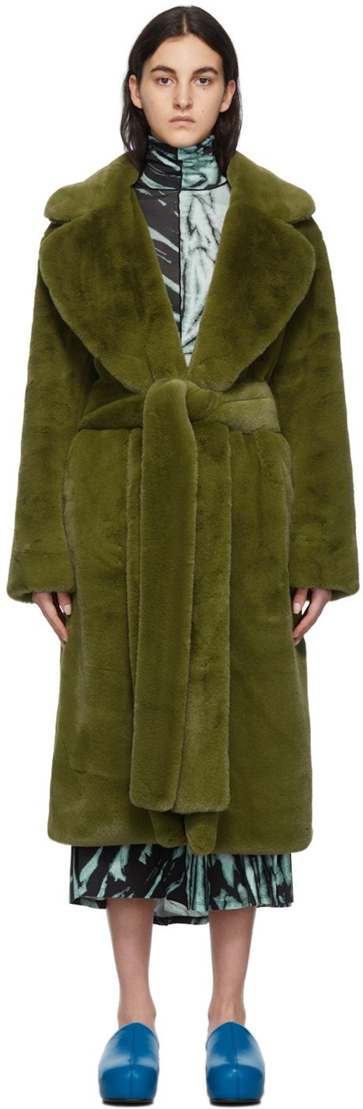 Green Faux-Fur Belted Coat: image 1