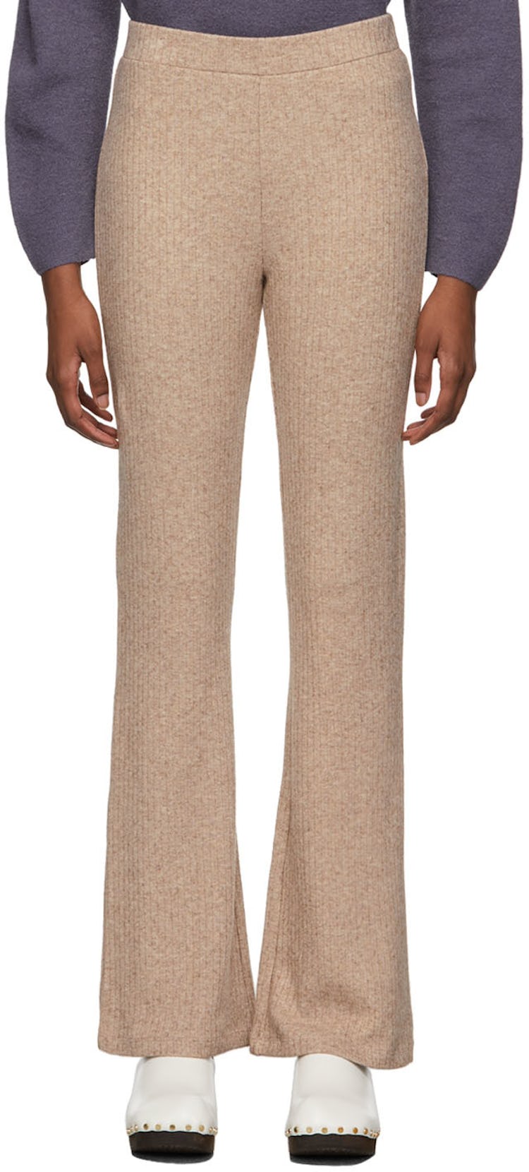 Beige Rib Flared Pants: image 1