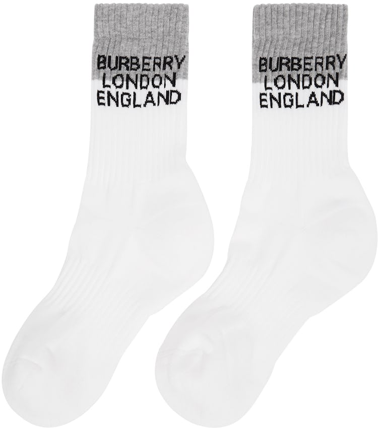 White & Grey Two-Tone Intarsia Logo Socks: additional image