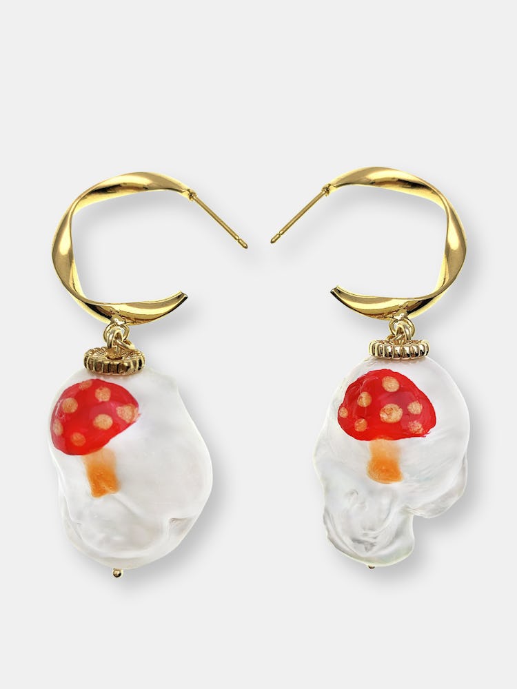 Hand Painted Mushroom Baroque Pearl Hook Earrings: image 1