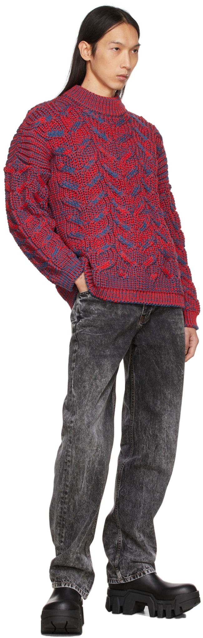 Red & Navy Wool Cable Knit Sweater: additional image