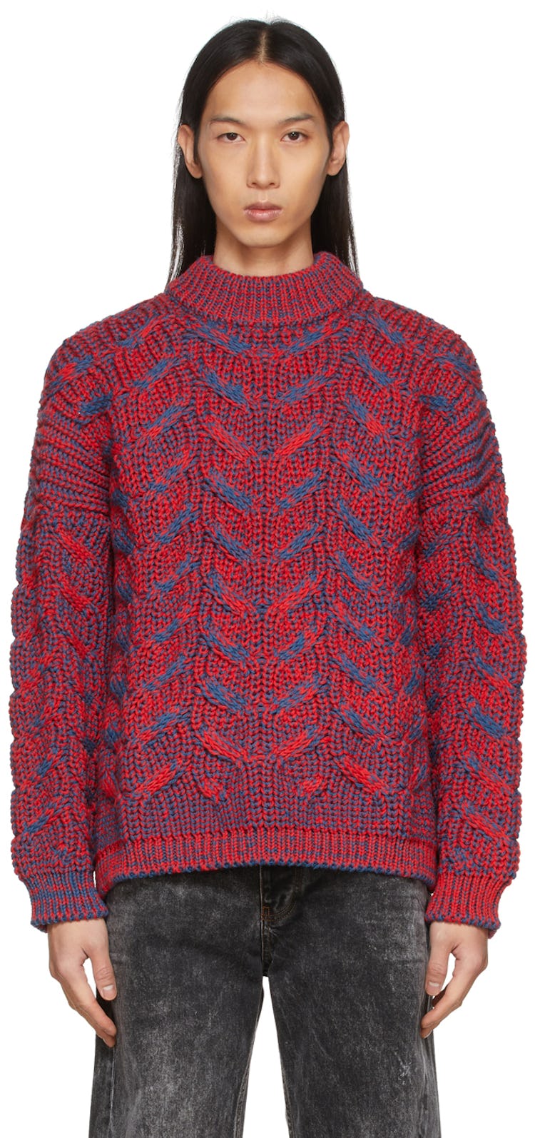 Red & Navy Wool Cable Knit Sweater: image 1