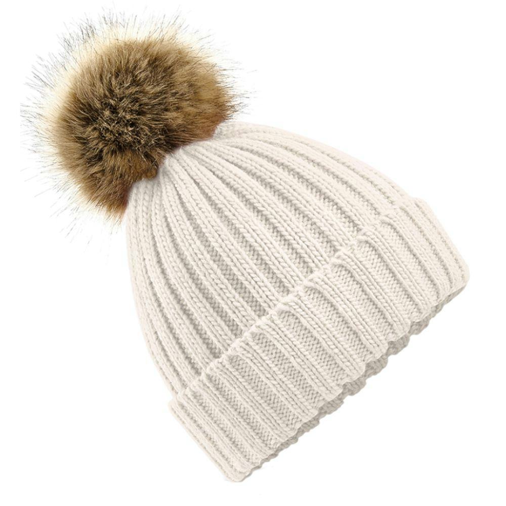 Beechfield Unisex Fur Pop Pom Chunky Beanie (Oatmeal): image 1