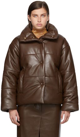 Brown Vegan Leather Hide Puffer Jacket: additional image