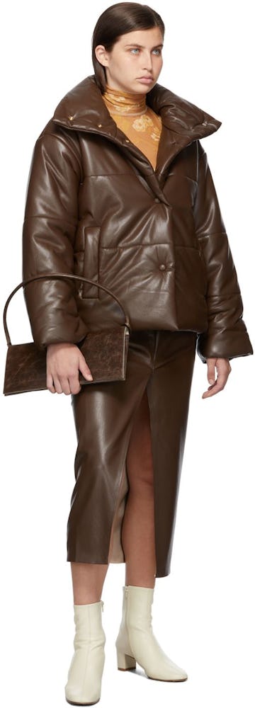 Brown Vegan Leather Hide Puffer Jacket: image 1