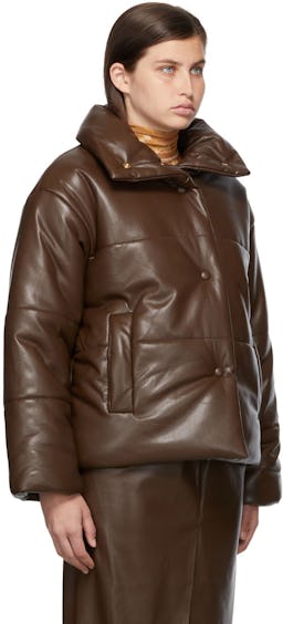 Brown Vegan Leather Hide Puffer Jacket: additional image