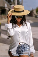 Faux Feather Trim White Blouse: image 1