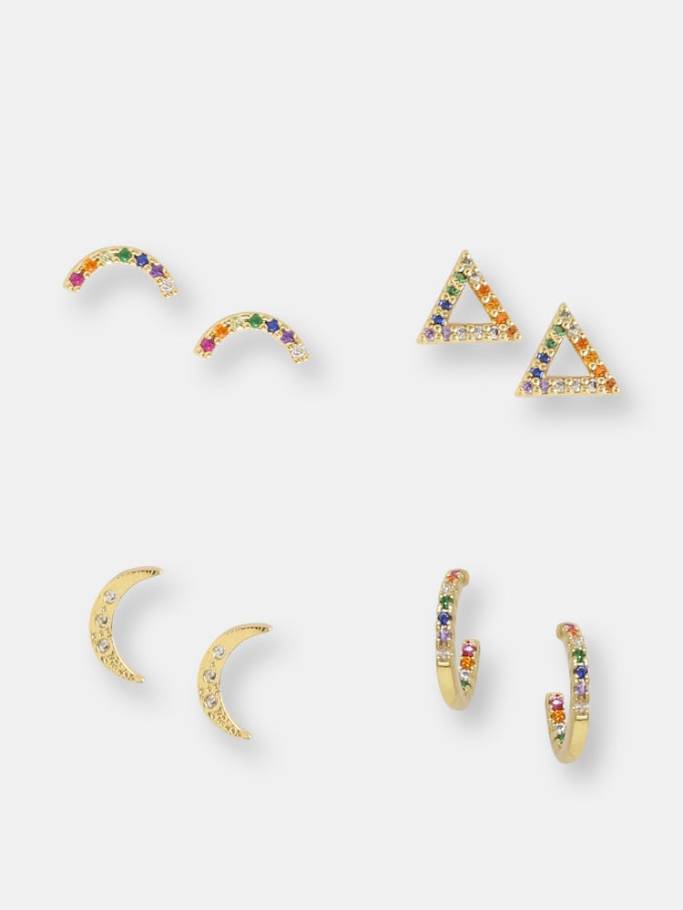 Rainbow Crystal & 18k Gold Plated Set Of 4 Stud Earrings: additional image