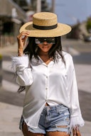 Faux Feather Trim White Blouse: additional image