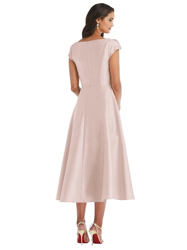 Puff Cap Sleeve Full Skirt Satin Midi Dress: additional image
