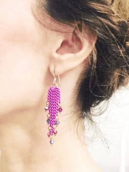 Hot Pink Tassel Chain Crystal Earrings: image 1