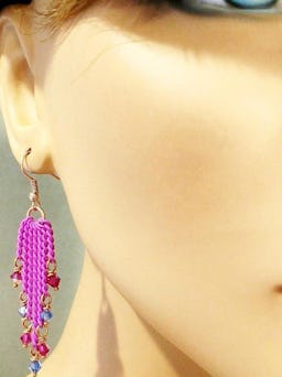 Hot Pink Tassel Chain Crystal Earrings: additional image