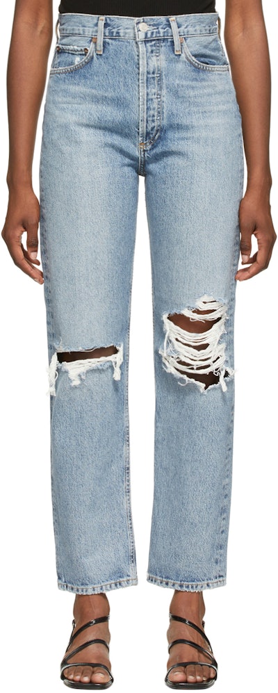 Blue Ripped '90s Pinch Waist High Rise Jeans: image 1