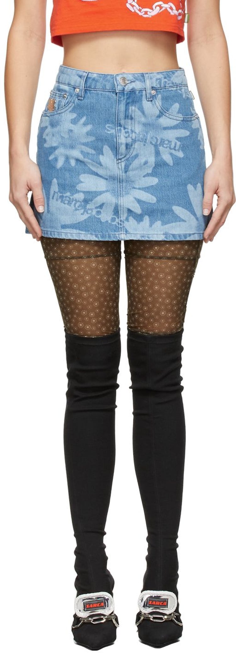 Blue Denim Laser Floral Miniskirt: image 1