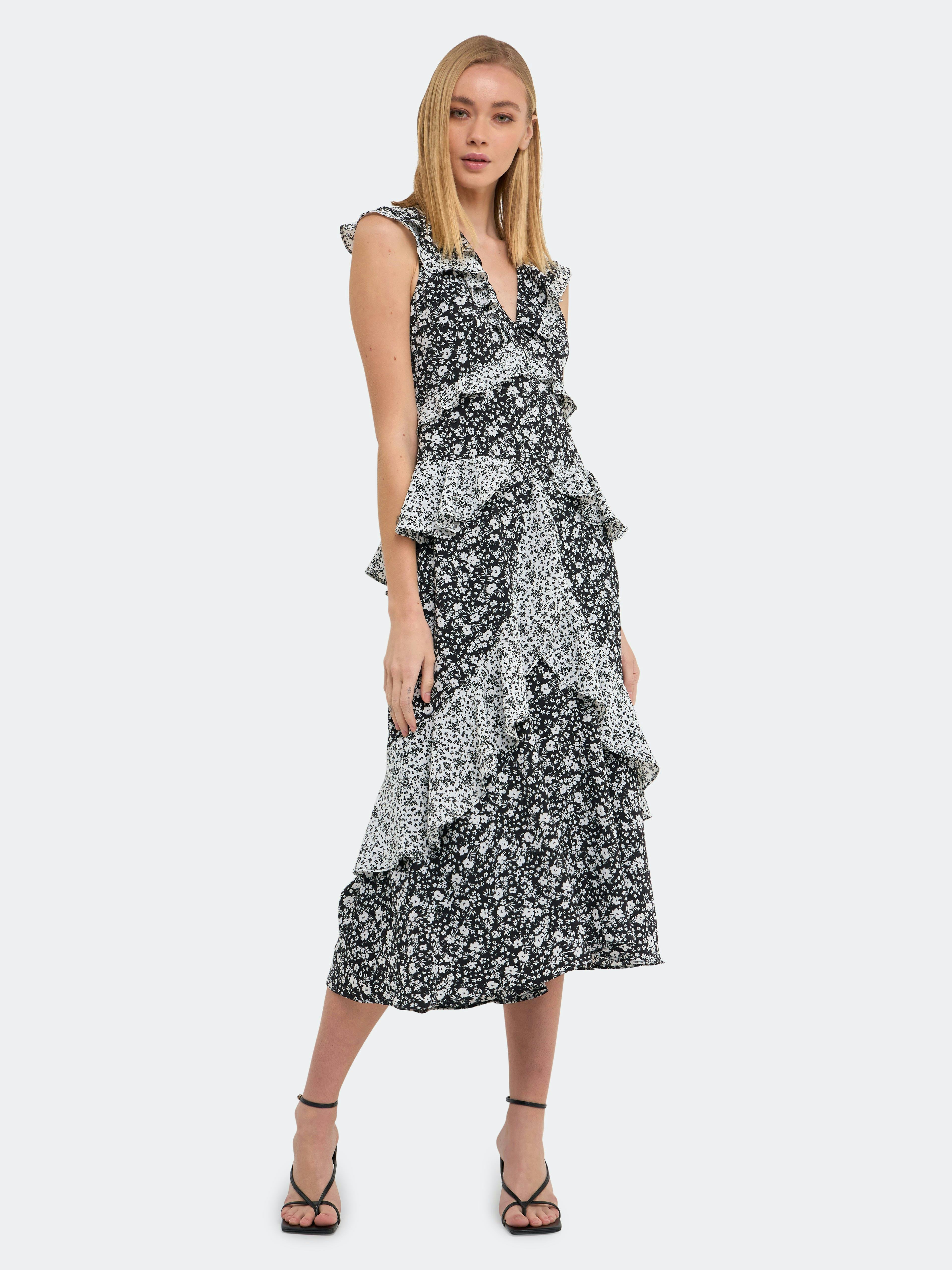 Dot Floral Contrast Midi Ruffle Dress: image 1