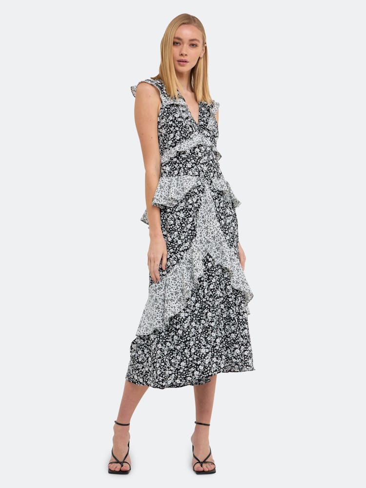Dot Floral Contrast Midi Ruffle Dress: image 1
