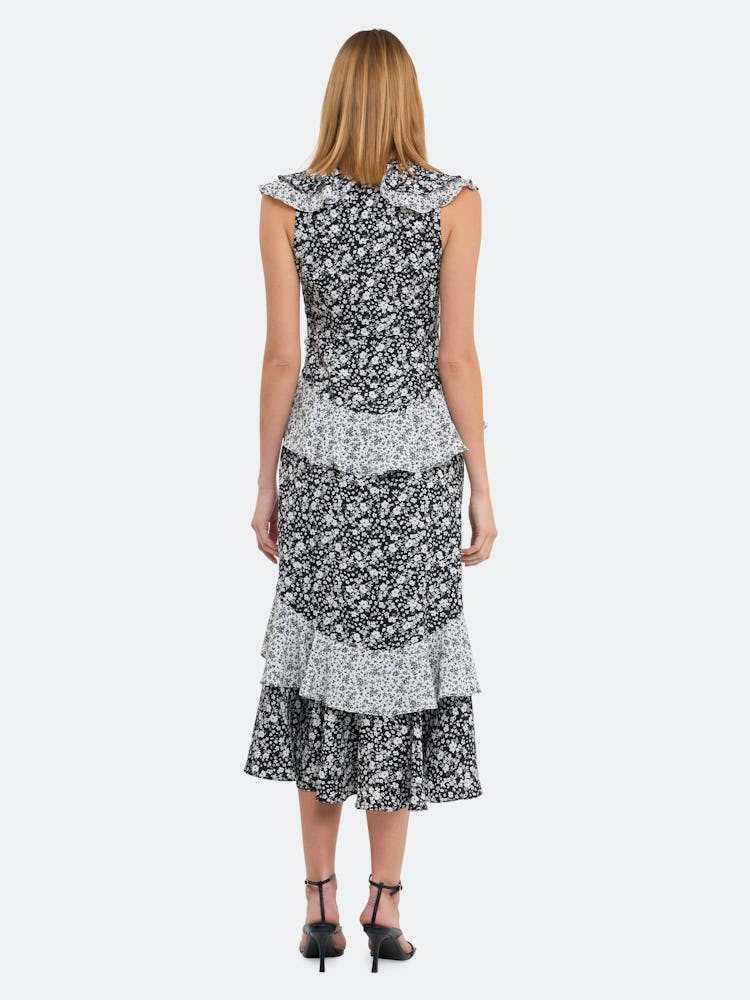 Dot Floral Contrast Midi Ruffle Dress: additional image
